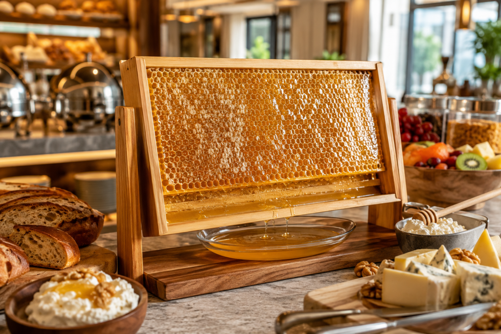 Panal de miel o miel líquida en un buffet