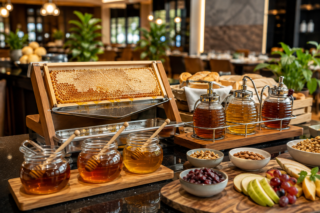 Fotografía de un dispensador antigoteo explicando cómo reducir el desperdicio de miel en buffets de hotel.